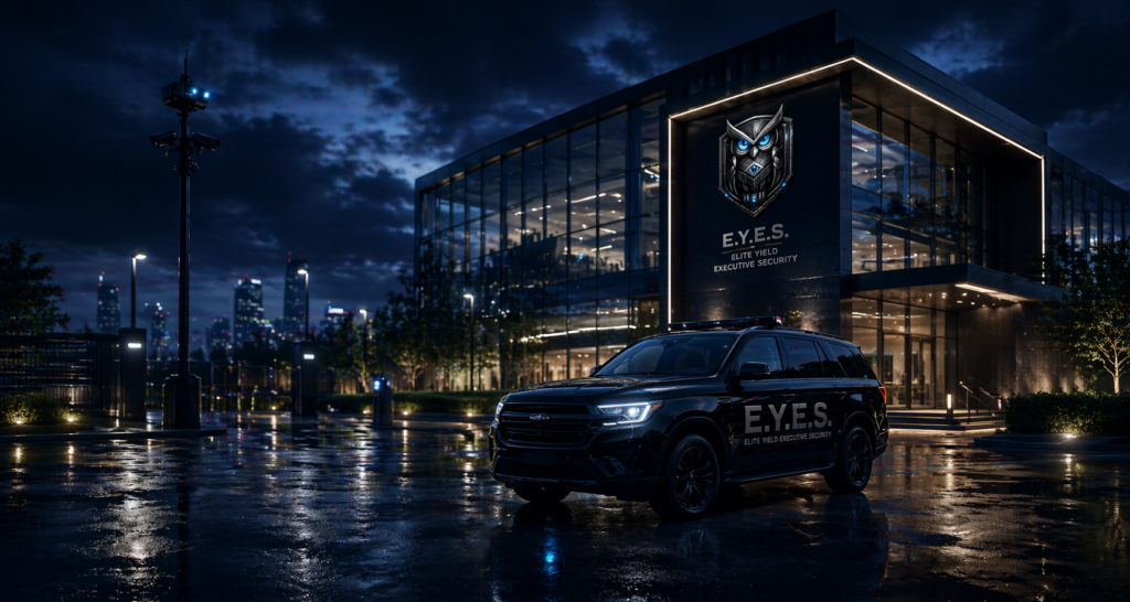 Corporate security headquarters at night with black SUV and cinematic lighting