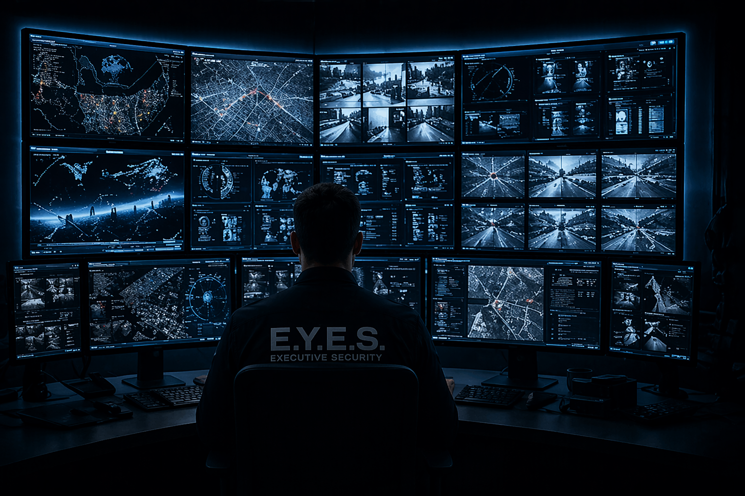 E.Y.E.S. AI security command center monitoring surveillance screens