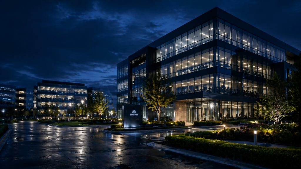 Logistics and transportation hub with trucks, perimeter lighting, and security oversight