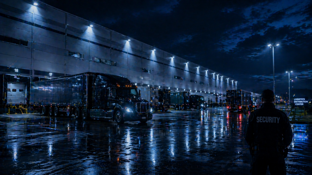 Corporate campuses secured at night with modern office towers and perimeter surveillance